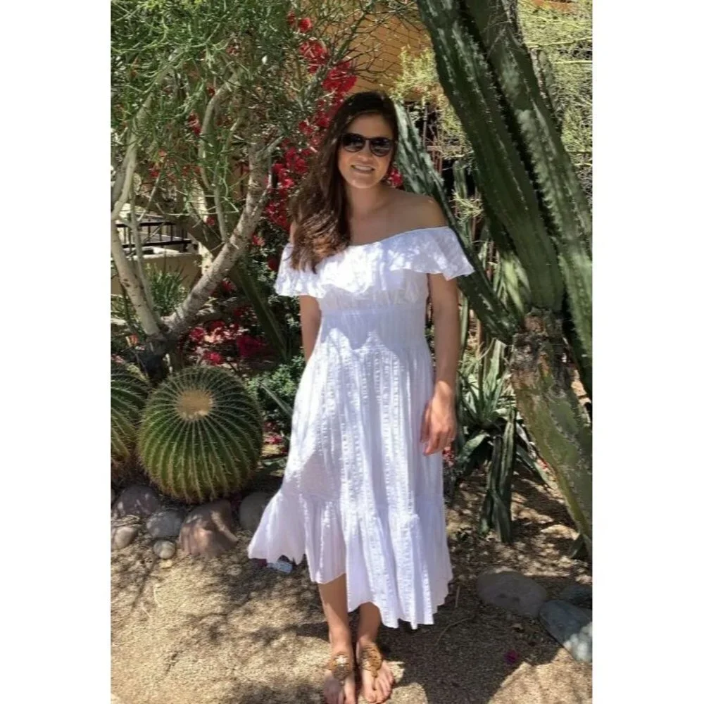 TORY BURCH White Tonal Stripe Cotton Seersucker Dress Size 4